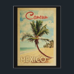 Cancun Palm Tree Vintage-reizen Briefkaart<br><div class="desc">Een unieke retro middeleeuwse moderne Cancun Mexico-kunst in de klassieke stijl van het poster. Het bevat een gebogen palmboom op zandige stranden met oceaan onder een blauwe troebele hemel.</div>