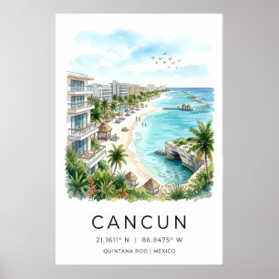 Cancun Strand Watercolor Print, Palmbomen en Steig Poster