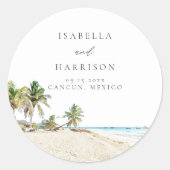 CANCUN Waterverf Beach Palm Tree Destination Ronde Sticker (Voorkant)