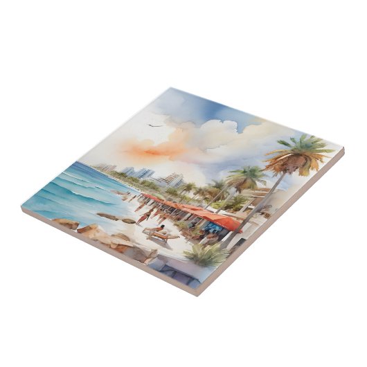 Cancun waterverf kunst tegeltje (Zijkant)