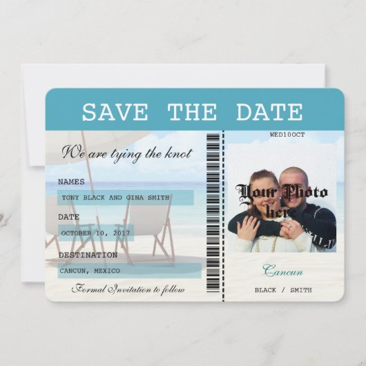 Cancun Wedding Boarding Pass Bewaar de datum Save The Date (Voorkant)