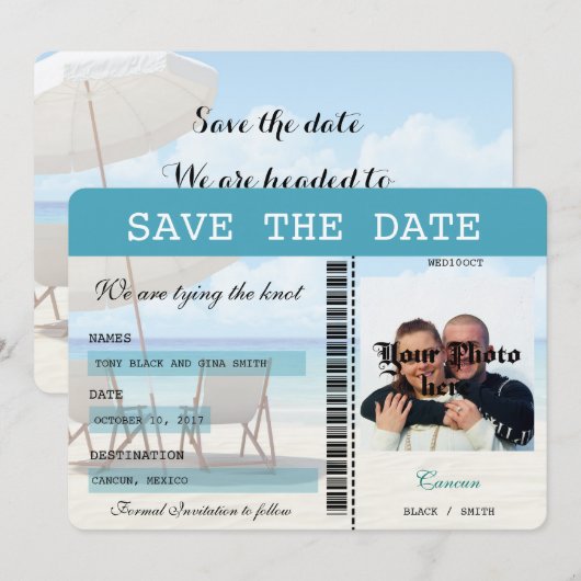 Cancun Wedding Boarding Pass Bewaar de datum Save The Date (Voorkant / Achterkant)