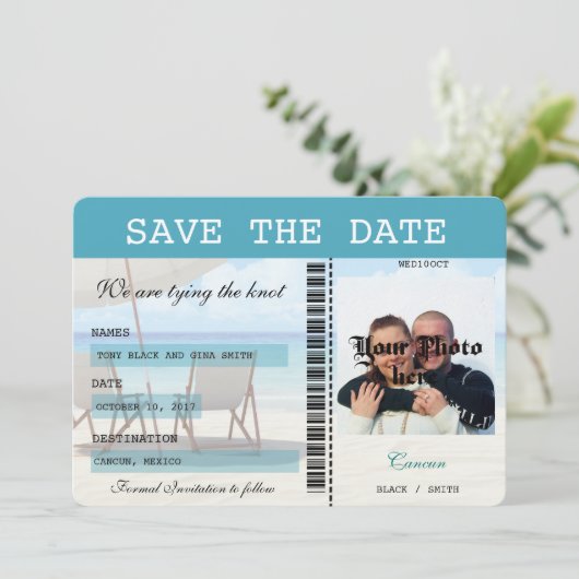 Cancun Wedding Boarding Pass Bewaar de datum Save The Date (Staand voorkant)