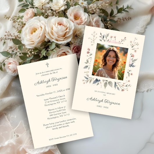 Candid Delicate Pastel Floral Frame Photo Funeral Kaart