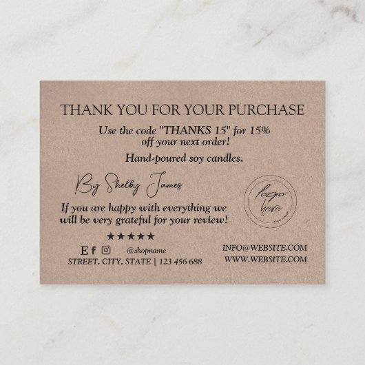 Candle Care Kraft Paper | Aangepaste Logo Hartelij Visitekaartje (Achterkant)