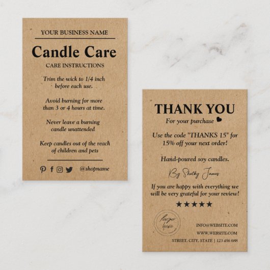 Candle Care Kraft Paper | Aangepaste Logo Hartelij Visitekaartje (Voorkant / Achterkant)