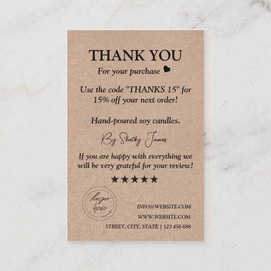 Candle Care Kraft Paper | Aangepaste Logo Hartelij Visitekaartje (Achterkant)