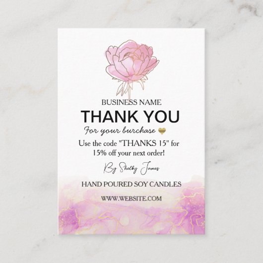 Candle Care Pink Peony Flower | Dank u wel Visitekaartje (Voorkant)