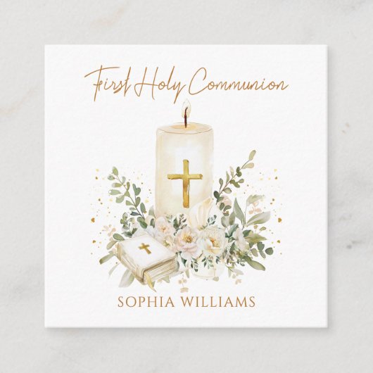 Candle Cross Bible Greenery First Holy Communion  Informatiekaartje (Voorkant)