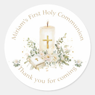Candle Cross Bible Roses First Holy Communion Ronde Sticker