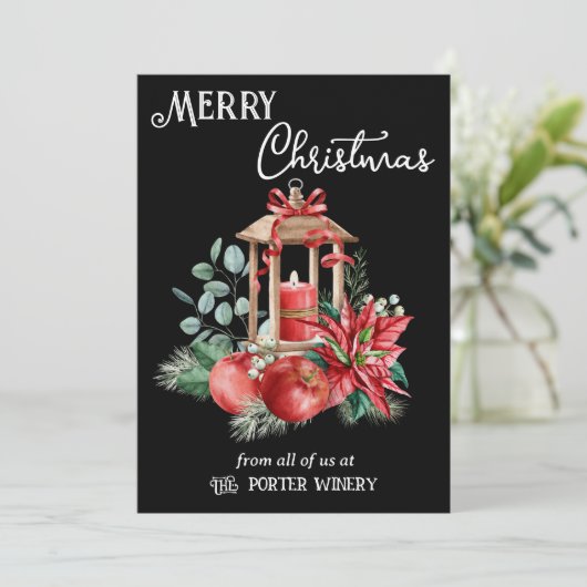 Candle Lantern Poinsettias en Apples Business Feestdagenkaart (Staand voorkant)