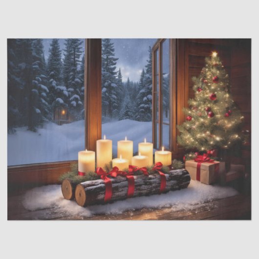 Candle Lit Yule Log Table Centerpiece Decoupage CR Tissuepapier (Voorkant)