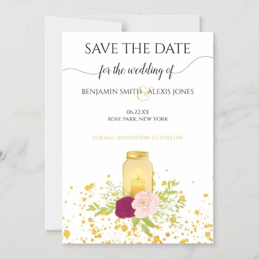 Candle Mason Jar Gold Sparkle Save the Date Magnetische Uitnodiging (Voorkant)