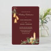 Candlelight and Bells Maroon Wedding Invitation Kaart (Staand voorkant)