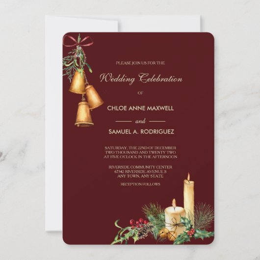Candlelight and Bells Maroon Wedding Invitation Kaart (Voorkant)