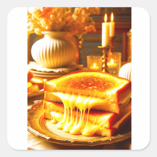 Candlelit Comfort Meal: Gegrilde Kaas Sandwich Vierkante Sticker (Voorkant)