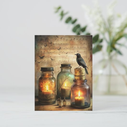 Candlelit Crow met Antiek flesjes & bladmuziek Briefkaart (Staand voorkant)