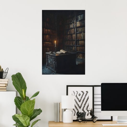 Candlelit Gothic Library Art, Dark Academia Poster (Thuiskantoor)