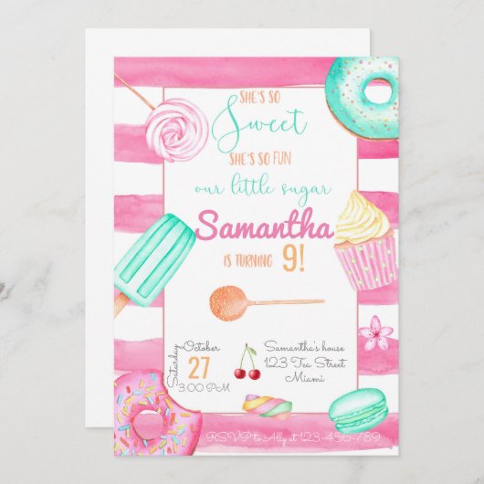 Candy Birthday Invitation, Sweets Invite Kaart (Voorkant / Achterkant)