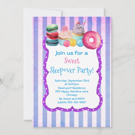 Candy Cake En Gebak Zoete Slaapfeest Uitnodiging (Voorkant)