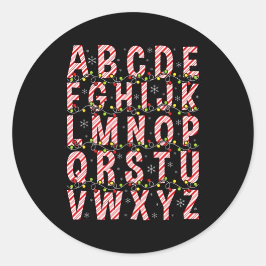 Candy Cane Alphabet Christmas Lights Teacher Schoo Ronde Sticker (Voorkant)