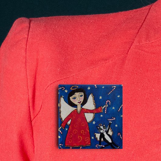 Candy Cane Angel Cat Folk Art Kerstmis Vierkante Button 5,1 Cm