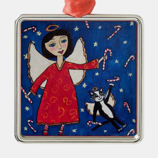 Candy Cane Angel Kat Kerstmis Folk Art Metalen Ornament (Voorkant)