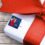 Candy Cane Angels Christmas Gift Label<br><div class="desc">Afbeelding is van mijn originele acryl schilderij. Deze rood geklede volkskunst engel vliegt in de diepblauwe nachtelijke hemel met haar engel zwart en witte kat. Ze zijn omgeven door drijvende suikerriet. Zie mijn winkel Art by MAR voor het matchen van producten met dit ontwerp.</div>