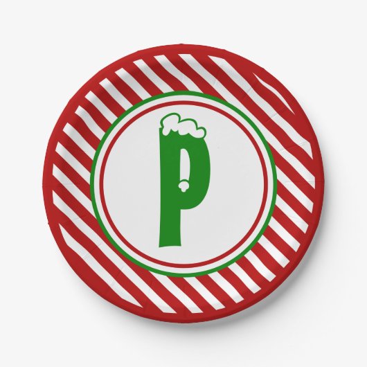 Candy Cane Basics Rood/Wit Monogram Papieren Bordje (Voorkant)