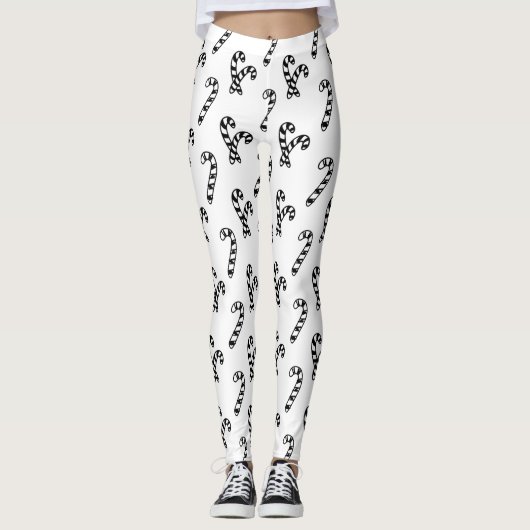 Candy Cane Black en White Pattern Leggings (Voorkant)