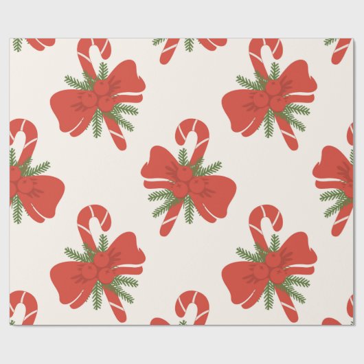Candy Cane & Bow Cream Ivoor Vakantie Kerstmis Cadeaupapier (Vlak)