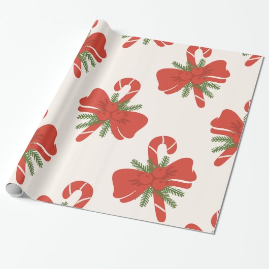 Candy Cane & Bow Cream Ivoor Vakantie Kerstmis Cadeaupapier (Uitgerold)