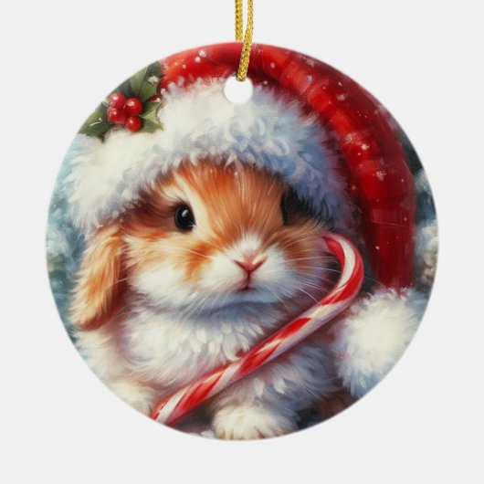 Candy Cane Bunny Konijn Kerstmis Keramisch Ornament (Voorkant)