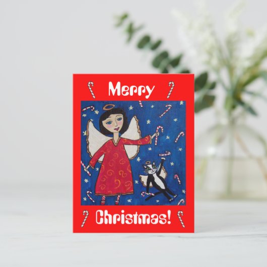 Candy Cane Christmas Angel en Cat Briefkaart (Staand voorkant)