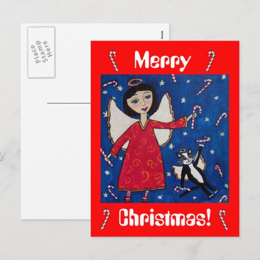 Candy Cane Christmas Angel en Cat Briefkaart (Voorkant / Achterkant)