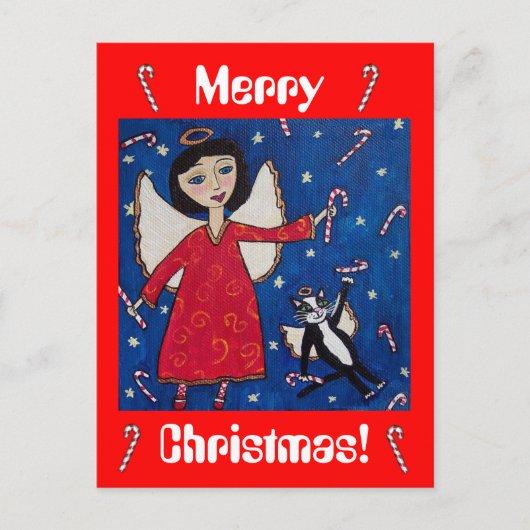 Candy Cane Christmas Angel en Cat Briefkaart (Voorkant)