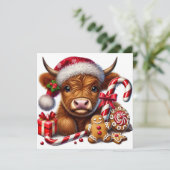Candy Cane Christmas Highland Koe met lekkernijen Feestdagenkaart (Staand voorkant)