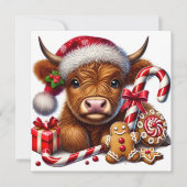 Candy Cane Christmas Highland Koe met lekkernijen Feestdagenkaart (Voorkant)
