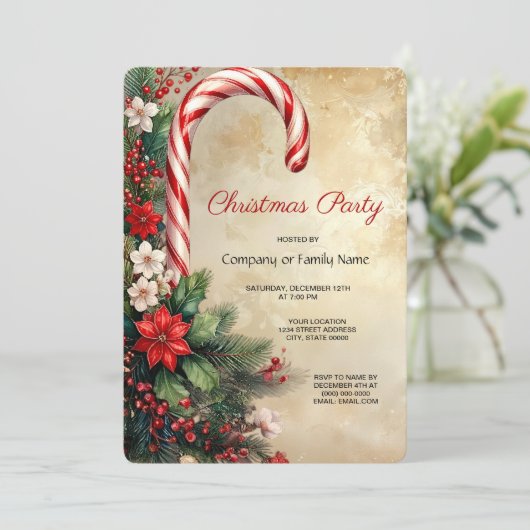 Candy Cane Christmas Holiday Party Invitation Kaart (Staand voorkant)