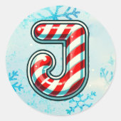Candy Cane Christmas "J" Sticker, feestelijke stre Ronde Sticker (Voorkant)