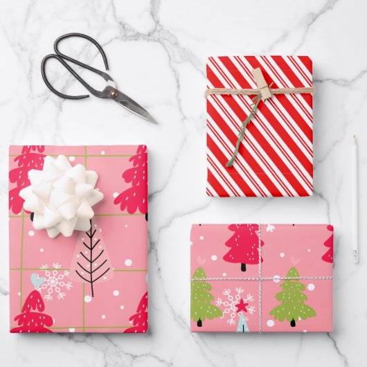 Candy Cane Christmas Pink Tree Doodle Inpakpapier Vel (Voorkant)