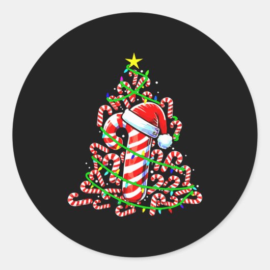 Candy Cane Christmas Tree Lights Santa Ronde Sticker (Voorkant)