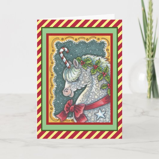 CANDY CANE CHRISTMAS UNICORN, HOLIDAY PONY FANTASY FEESTDAGEN KAART (Voorkant)