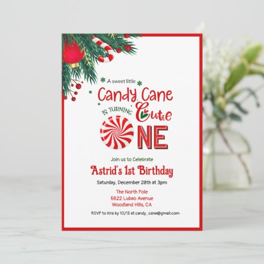Candy Cane Cutie First Birthday Kaart (Staand voorkant)