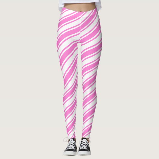 Candy Cane Diagonal Stripe White Roze Kerstmis Leggings (Voorkant)