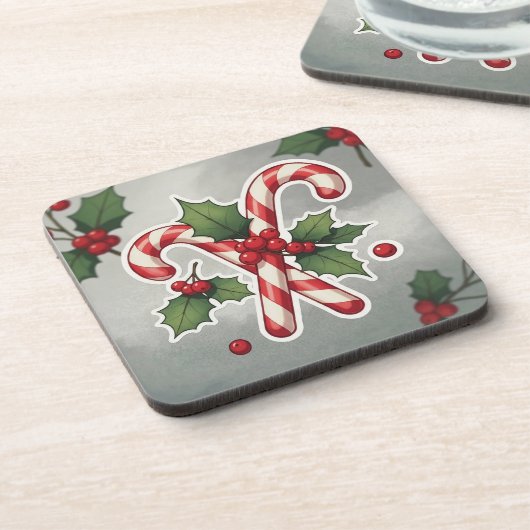 Candy Cane Duo With Holly And Berries Bier Onderzetter (Linkerzijde)