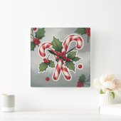 Candy Cane Duo With Holly And Berries Vierkante Klok (Huis)