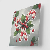 Candy Cane Duo With Holly And Berries Vierkante Klok (Hoek)