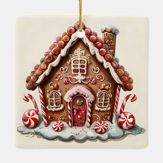 Candy Cane en Gumdrop Delight Gingerbread House Keramisch Ornament (Achterkant)