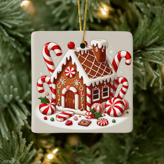 Candy Cane en Holiday Delights Gingerbread House Keramisch Ornament (Boom)